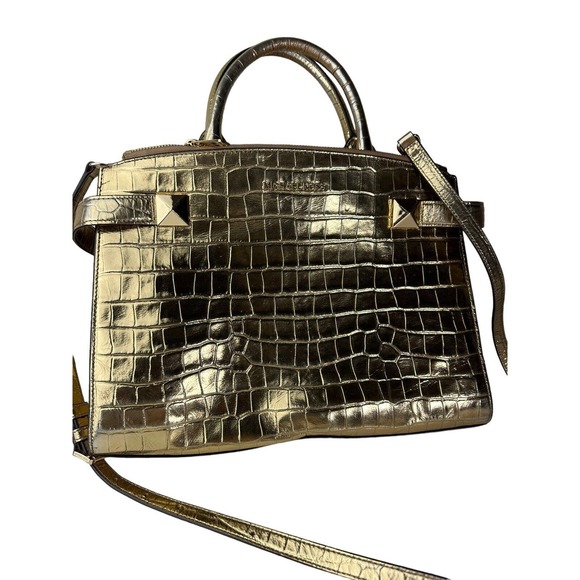 Michael Kors Gold Karla Satchel Shoulder Bag Handbag Purse Embossed Leather - Picture 3 of 16